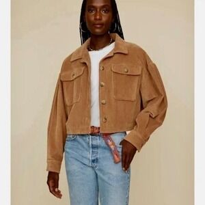 XIRENA Tobin Corduroy Jacket Puffed Sleeves Buttons Cropped Almond Brown Small